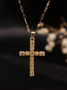 1pc 18K Gold Plated Cubic Zirconia Cross Pendant Adjustable Classic Necklace, Luxury Fashion Versatile Collar Necklace For Women, Suitable For Daily Wear, Commute, And Party
