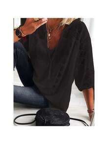 Women's 3/4 Sleeve Cotton Lined Tunic Top - Light Grey V-Neck Casual Loose Shirt With Geometric Perforated Detail, High Quality Autumn T-Shirt For Layered Or Separate Garments, S-XXL, Loose Version Top | Asymmetrical Design | Machine Washable - 灰色 - 查看 4
