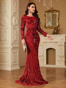 hezixi 弹力亮片连衣裙，舒适贴合各种身材，独特的透视圆领长袖修身鱼尾裙摆设计，女士正式舞会礼服/晚礼服，适合婚礼、春季派对等场合。 - 紅色 - 查看 4