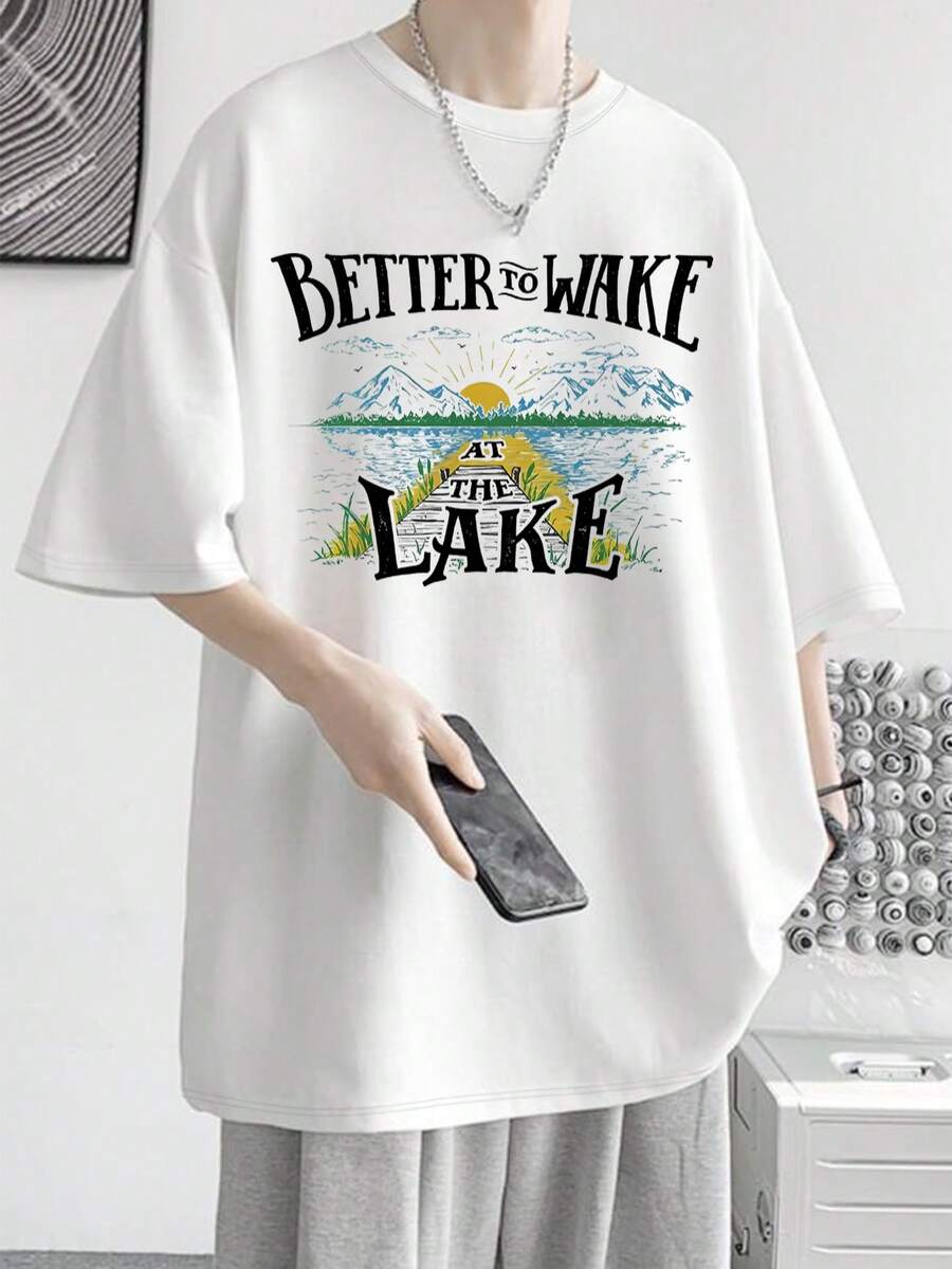 Japanese Spring And Summer Pure Cotton Round Collar Loose Fitting Simple Carton Print Short Sleeve T-Shirt Men's Summer Clothing Sweat Wicking Breathable 100% Cotton Short Sleeve Shirt