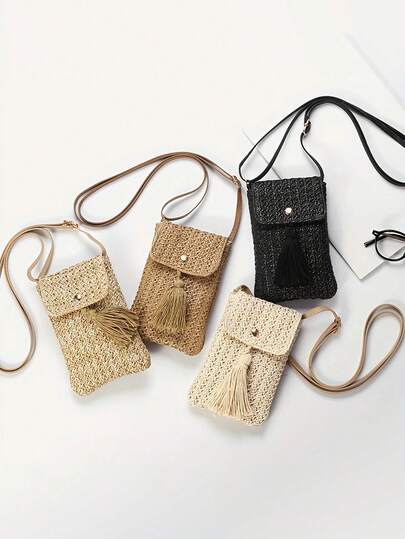 Fashionable Summer Beach Vacation Mini Shoulder Bag - Lightweight Woven Polyester Material, Adjustable Shoulder Strap, Sweet & Compact Crossbody Bag, Eye-Catching Summer Beach Bag, Magnetic Snap Closure, Solid Color Tassel Decor, Straw Bag