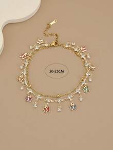 1 chiếc vòng chân bằng thép không gỉ hai lớp đính đá lấp lánh nhiều màu sắc sang trọng dành cho nữ, thích hợp cho mùa xuân và mùa hè - Vàng - Xem 3