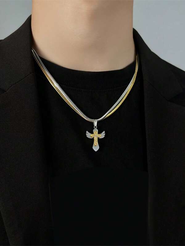 1pc Fashionable Multilayer Snake Bone Stacking Gold & Silver Cross Necklace, Choker Chain Suitable For Men's Daily Work & Casual Wear