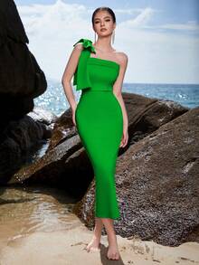 ADYCE Solid Color Strapless Bow Decor Backless Slit Mid-Length Cocktail Party Dress - Green - View 7