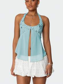 Women Sleeveless Halter Tops Summer Split Hem Tie Up Backless Sequin Embroidery Tank Tops - Màu xanh lam - Xem 1