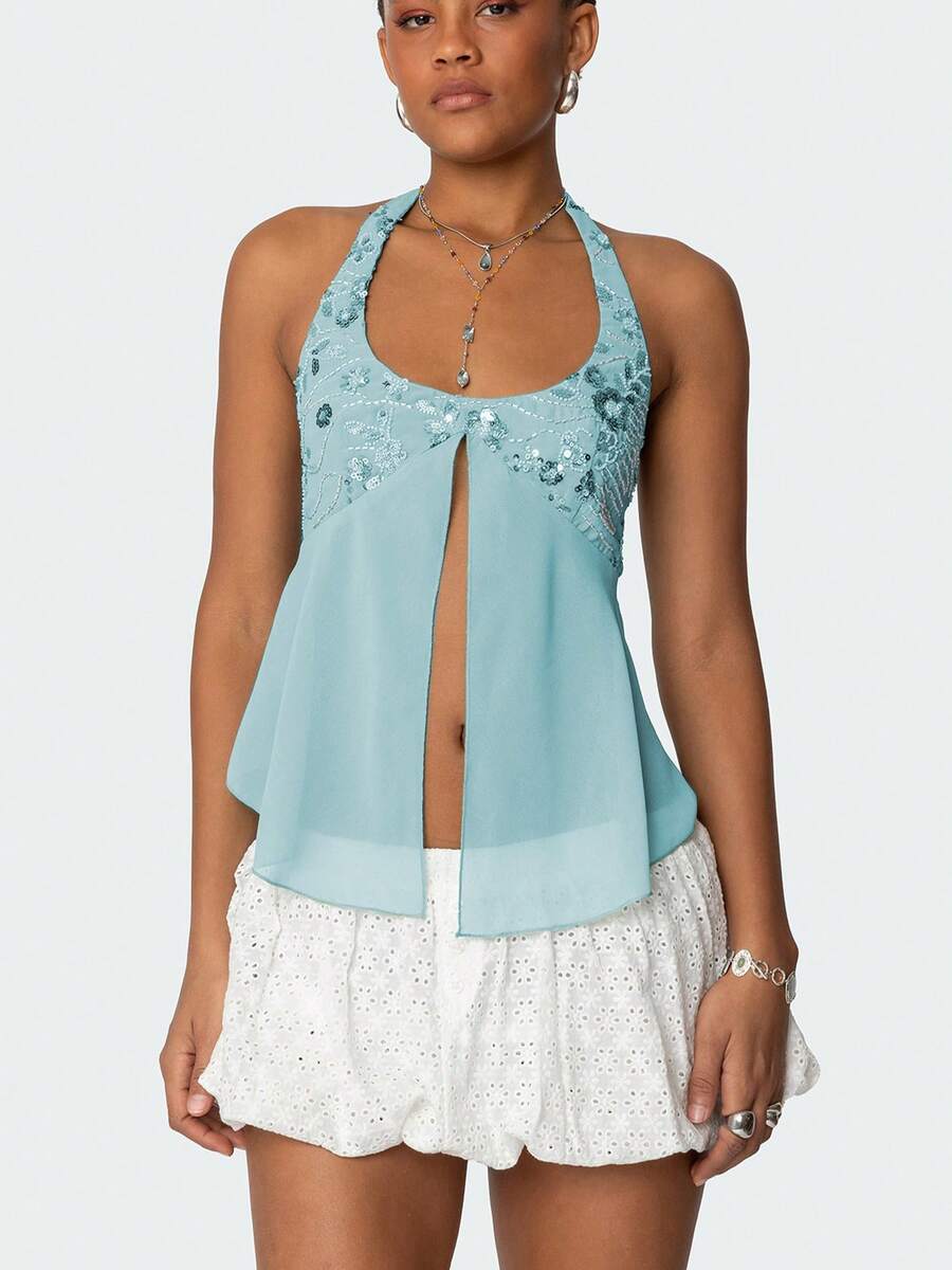 Women Sleeveless Halter Tops Summer Split Hem Tie Up Backless Sequin Embroidery Tank Tops - Màu xanh lam - Xem 1