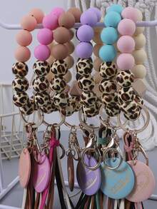6-Piece Set Of Western Style Leopard Print Wooden Beads, Solid Color Silicone Bead Beads, Korean Velvet Tassel, Colorful Heart Wood Chips, Charm Wrist Keychains, Bag Pendants, Accessories, Keys, Car Keys, Anti Lost Women's Bracelets, Give As Birthday Gifts To Friends, Relatives, And Friends - Nhiều màu - Xem 6