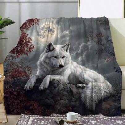 1pc Retro Wolf Moon Print Blanket - Cozy And Warm Blanket For All Year Round, Suitable For Sofa, Bed, Office, Camping, Travel - 100% Polyester, Digital Printing, Knitted - Perfect Gift For Any Occasion