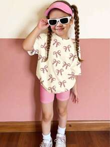 2pcs/Set Girls Summer New Outfit, Includes Beige Round Neck Butterfly Print Short Sleeve T-Shirt + Pink Shorts, Fitted & Comfortable Soft Breathable Girls Casual Outdoor Everyday Wear