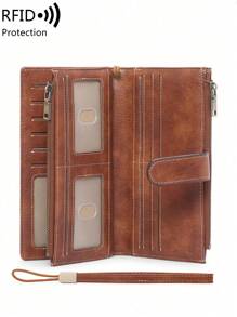 Nueva cartera larga de triple pliegue con tecnología RFID para comercio transfronterizo, cartera vintage multifunción para dama, de unicolor, con gran capacidad