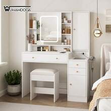 Tocador blanco moderno con lámpara, mesa de maquillaje con taburete y espejo - Blanco - Ver 9