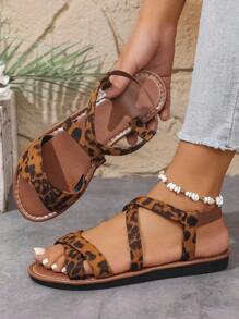 Women's Leopard Print Thick-Sole Super Lightweight Sandals, Elastic Band, Outdoor Casual Crossover Fashionable Cute Thick-Sole Sandals