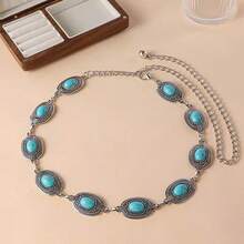 Women's Metal Chain Belt With Turquoise Oval Waistband - Silver - View 2