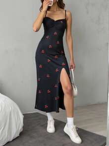 Vestido corte midi ajustado con tirantes y estampado de frutas en tela rib suave - Diseño juvenil y coqueto disponible en varios colores Lunares  Estampado Integral  Fiesta  Elegante  Casual    Espalda al aire  Abertura alta - Negro mate - Ver 1