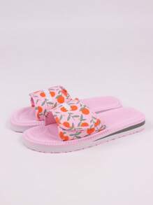 Women's Summer Fruit Print Slip-On Sandals - Comfortable Beach And Casual Flat Slides, Adjustable Strap, Breathable Fabric Upper, EVA Sole, Suitable For Indoor/Outdoor Use