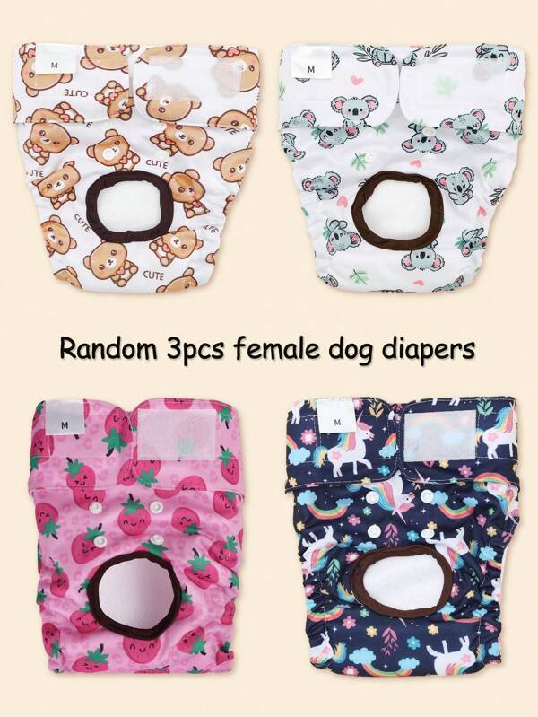 3 paquets de couches pour chienne réutilisables avec imprimé de dessins animés, conception à bande , facile à porter, lavables. Convient aux chiennes en chaleur, à l'incontinence ou à l'émission urinaire excessive. Sous-vêtements menstruels multifonctionnels pour chien, pantalons hygiéniques anti-harcèlement, adaptés aux petits et moyens chiens.