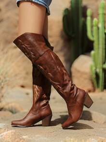 Women's Retro Embroider Thigh High Western Cowboy Boots Fashion Block Chunky High Heels Pointed Toe Vintage Cowgirl Boots Woman - 棕色A - 查看 1