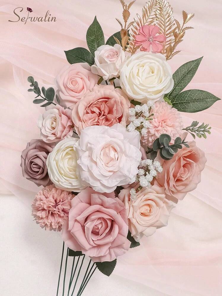 Artificial Pink Flowers, Silk Dusty Pink Fake Flowers For DIY Wedding Bridal Bouquet, Wedding Cake Flowers For Table Centerpieces Birthday Party Baby Shower Home Decoration - A Abby Rose Garden - 查看 3