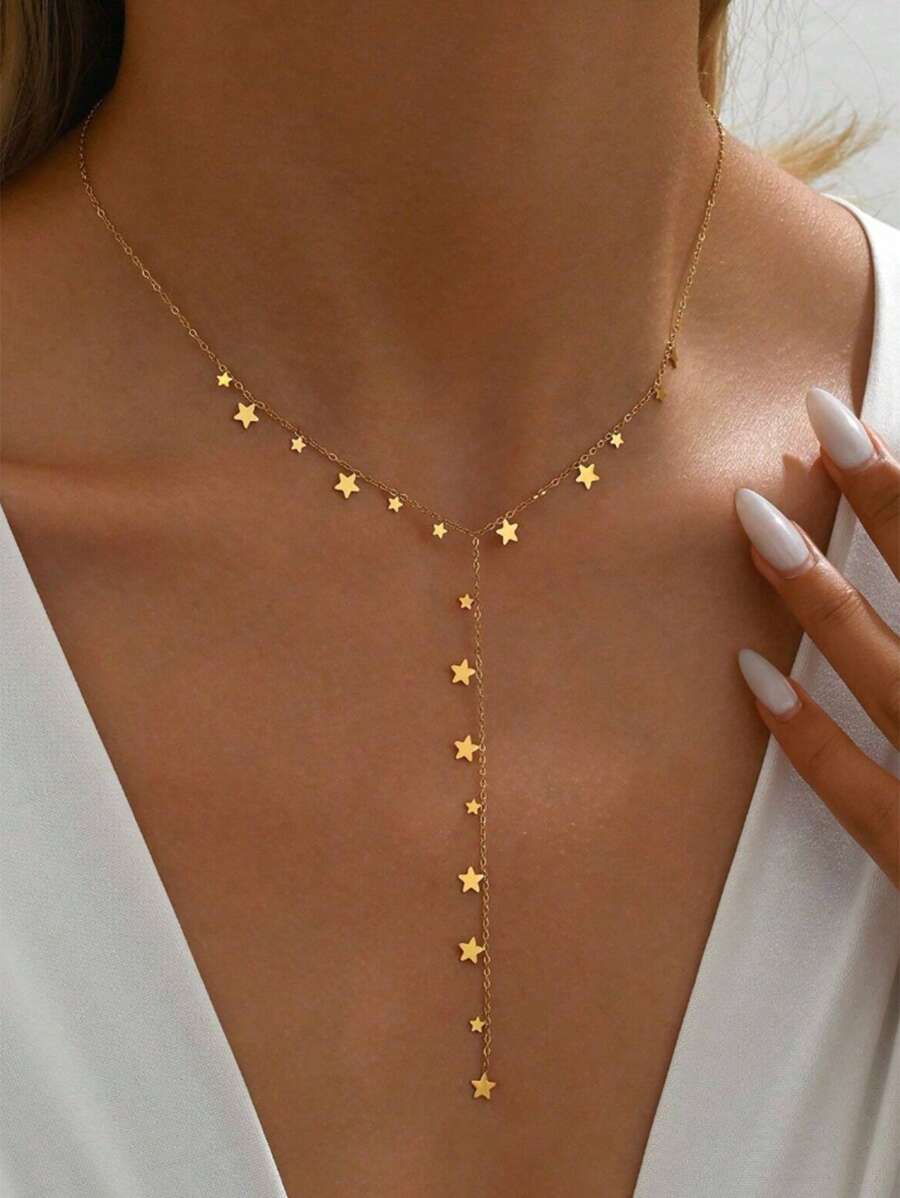 Collar en forma de Y con pequeña estrella de plata de ley 925 elegante para mujeres, diseño minimalista personalizado de collar corto, regalo de lujo exclusivo para hermana, amiga, novia, joyería de uso diario