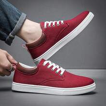 男士休闲简约运动滑板鞋，低帮帆布运动鞋，透气 - 酒紅色 - 查看 3
