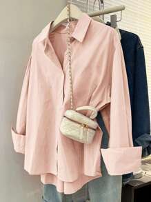 Women's Casual Loose Button-Up Color Block Front Short Back Long Shirt For Daily Commute, Spring/Autumn