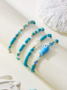 4 Bohemian Tropical Ocean Shell Small Fish Decorations Handmade Blue Beads Bracelet Women's Beach Vacation Party Jewelry