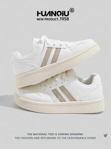 HUANQIU 2025新款女鞋登山鞋女士运动鞋厚底运动鞋网面透气小白鞋百搭轻便舒适系带软底休闲鞋跑步鞋白色四季鞋 - 米色 - 查看 2