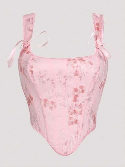 粉色可爱花卉印花可调节肩带紧身胸衣上衣/塑身衣上衣，外出时尚单品，购物约会必备，万圣节派对服装