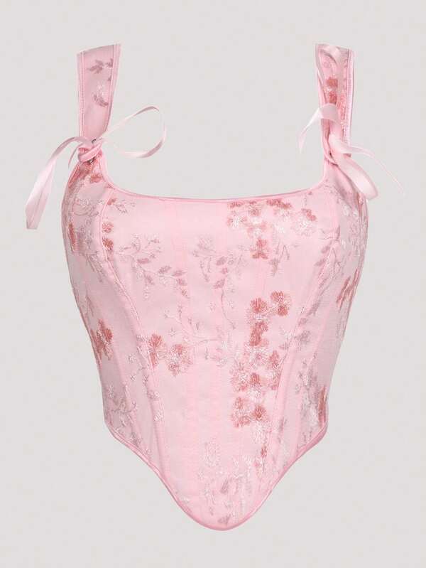 粉色可爱花卉印花可调节肩带紧身胸衣上衣/塑身衣上衣，外出时尚单品，购物约会必备，万圣节派对服装