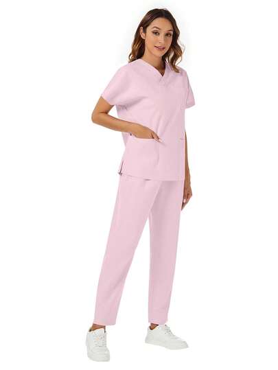 2Pcs Simple Plain Batwing Sleeve Top & Pants Scrub Uniform Set Spring