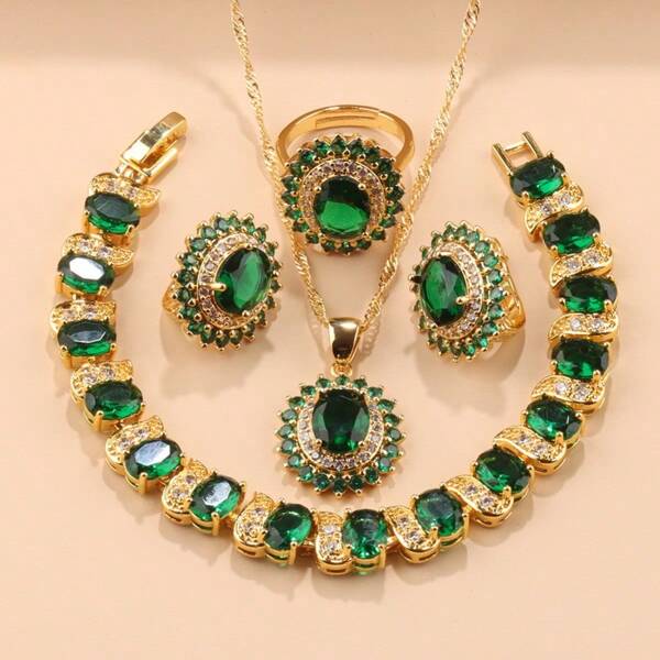 18K Gold Plated Quality Luxury Jewelry Sets For Women Gift Colorful Zirconia Earrings Necklace And Pendant Ring Charm Bracelet Wedding Bridal Accessory