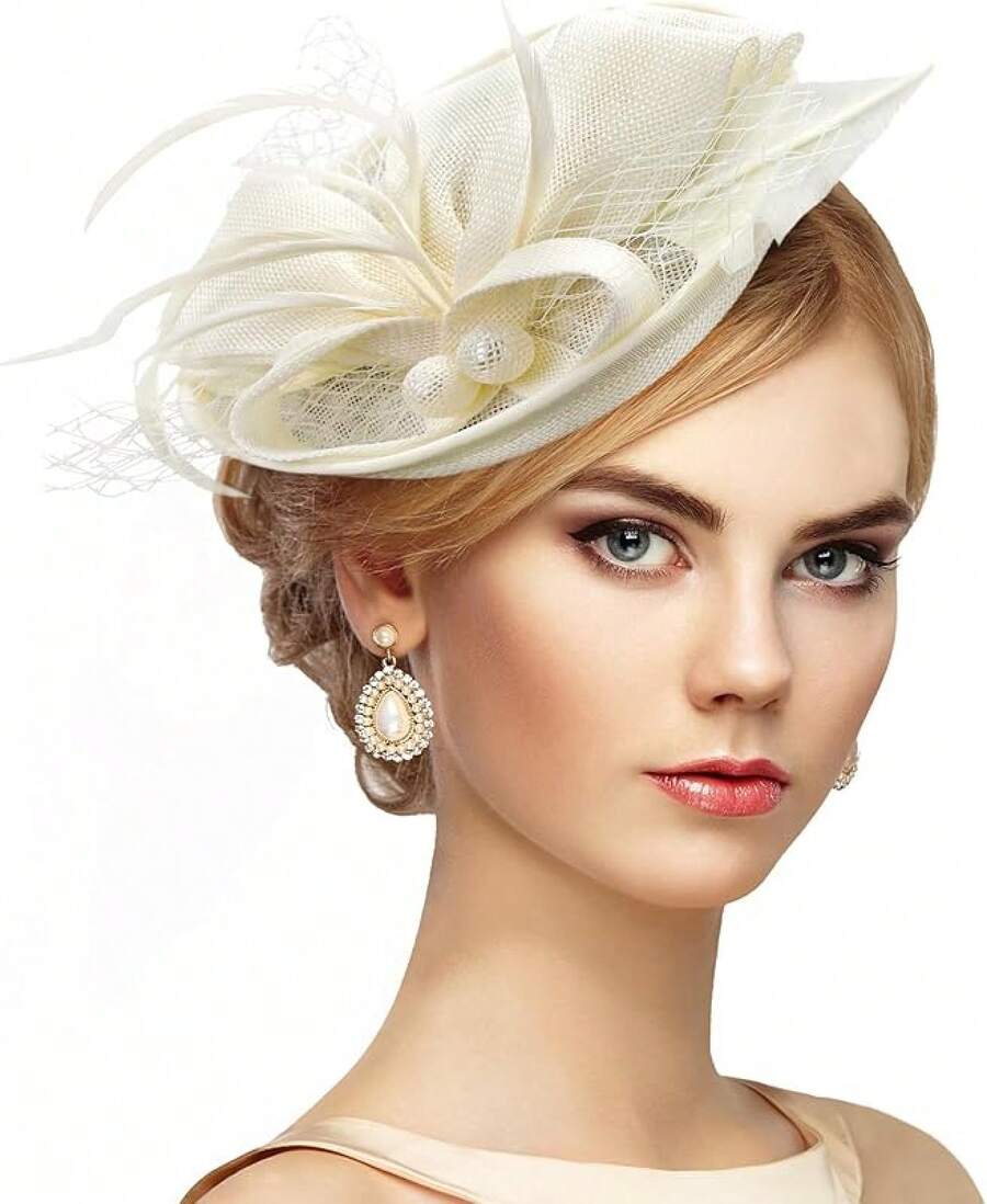 Fascinator Tea Party Hat - 2025 Derby Pillbox Hat Women (.87x5.9inch) - 杏色 - 查看 1