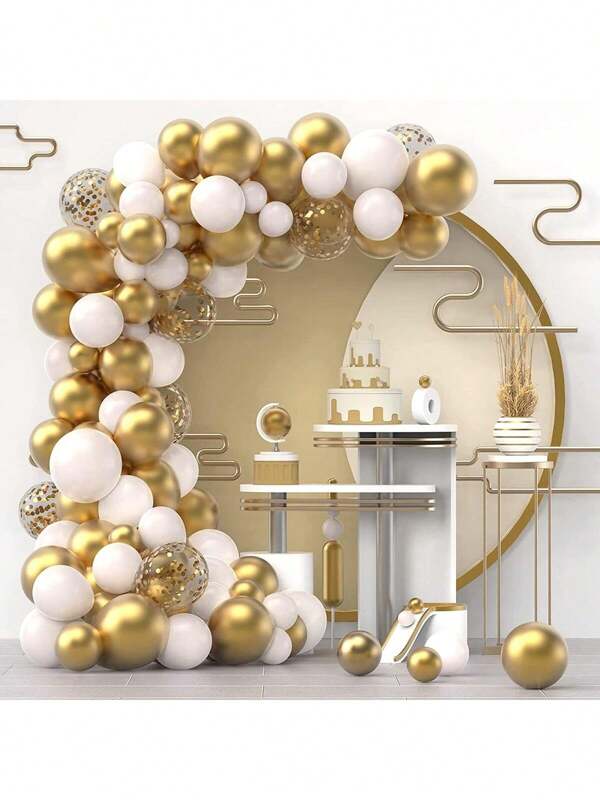 120pcs White Gold Metallic Balloon Garland Arch Kit With Gold Confetti Latex Balloons Set For Christmas, Birthday, Wedding, Anniversary, Celebrations, New Year Party Decoration