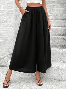 Spodnie typu kuloty z wysokim stanem, w jednolitym kolorze, z poliestru, szerokie nogawki, odpowiednie na letnie codzienne noszenie - Czarne - Zobacz 5