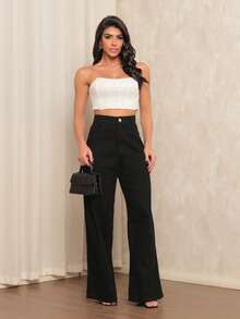 Women's Wide Leg Jeans, 100% Denim Fabric, High Waist On - Negro - Ver 4