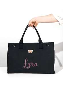 1pc Embroidered Bear & Customizable Letter Tote Bag, Large Capacity Fashion Handbag, Breastfeeding Diaper Bag For Moms, Canvas Tote Bag With Customizable Name, Maternity & Baby Storage Bag, Commuter Mom Bag,Multi-Functional,Ornamental,Letter,Stylish,Modern,Colorful,Cute,Adorable,Casual,Custom,Personalised,Unique,Customized,Ideal Gifts For Him,Ideal Gifts For Her Back To School