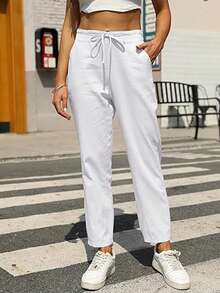 Lanwont Women's Linen Trousers Summer Casual High Waist Drawstring White Beach Pants - 白 - 查看 4
