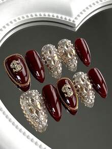 10件套奢华美甲饰品套装，包含一条长款杏仁形樱桃激光链，镶满水钻，尽显高端优雅，白色欧式风格，宛如盔甲般闪耀。这款时尚美甲装饰套装可覆盖整个指甲，配有假指甲，适合日常佩戴、派对和晚宴。可塑形且可重复使用。套装还包含凝胶指甲油和指甲锉作为赠品。美甲配件，按压式美甲贴纸。手工按压式美甲用品。 - 紅白色 - 查看 4