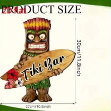 1 Señal de bar de estilo tiki hecha a mano de madera - Estatua tropical tiki y colgante de tabla de surf con orquídea colorida, decoración de estilo bohemio, adecuada para terrazas, jardines, fiestas de verano y decoraciones con temática hawaiana y luau