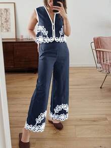 PoPoHouse 女士两件套波西米亚风刺绣蕾丝无袖上衣和阔腿裤套装 - 藏蓝色 - 查看 9