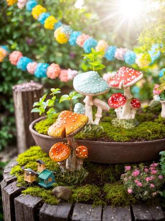 1 pieza Decoración de resina 3D realista en forma de hongo, figuras pintadas a mano para el hogar, jardín, decoración de macetas, ornamento de paisaje en miniatura