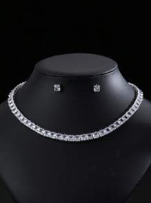 1 Set mit 3 Stücken orientalischer Stil minimalistischer Zirkonia Halskette & Ohrringe Set, elegant für Braut-Hochzeit, formelle Party, Verlobung, hochwertiges Schmuckgeschenk für Frauen