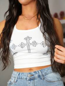 SAYEHFBABY 女士十字水钻装饰挂脖背心图案 T 恤 女士上衣 - 白色 - 查看 5