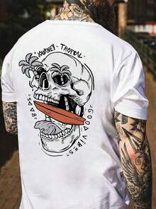 Plus Size Men's Casual Letter & Skull Print Round Neck Short Sleeve T-Shirt, Summer - White - View 1