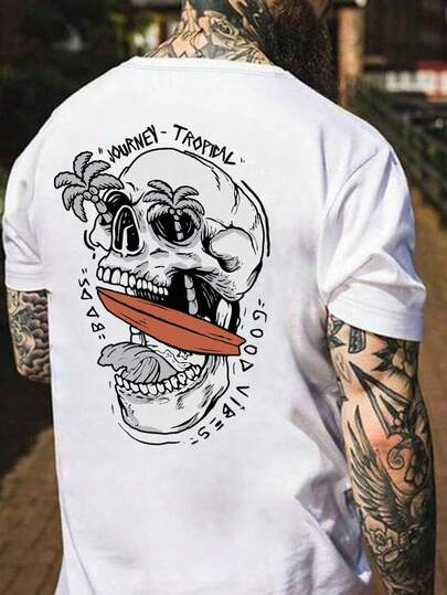 Plus Size Men's Casual Letter & Skull Print Round Neck Short Sleeve T-Shirt, Summer