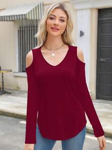 tooluck Women's Elegant Deep V Neck Off Shoulder Long Sleeve Top Slim Fit - 酒紅色 - 查看 2