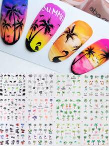 12 designs de adesivos de transferência de água para unhas com coqueiros de verão, design de praia de coco tropical, decalques de resina autoadesivos para unhas, slides de manicure com tema de praia, decoração de unhas, acessórios e suprimentos para unhas