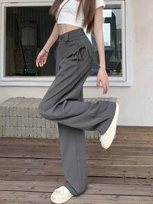 女士纯色休闲直筒高腰显瘦宽松西装裤 - 灰色 - 查看 7