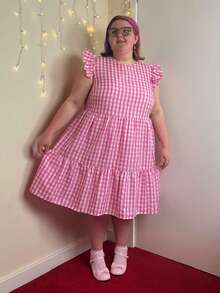 Enliva 大码女式可爱格子印花圆领盖袖连衣裙（夏季） - 玫紅色 - 查看 3