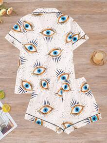 2 件套印花女式睡衣，纽扣式短袖舒适上衣和松紧腰短裤，时尚睡衣套装，适合居家、派对、休闲穿着 - 白色 - 查看 2